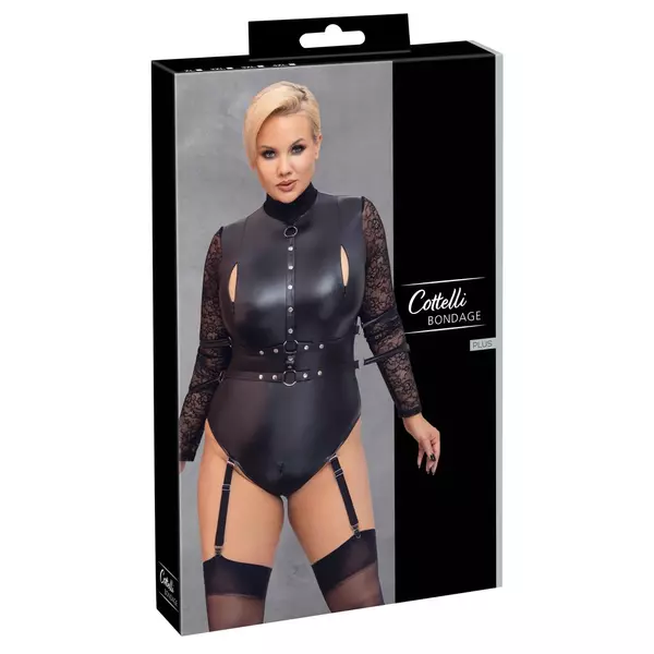 Cottelli Bondage Plus Size - čipkované body s rukávmi (čierne)